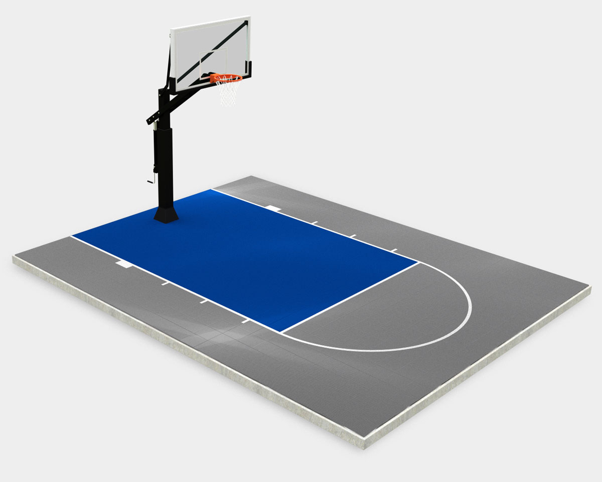 20' x 25' basketball court, gray with an bright-blue key and lines