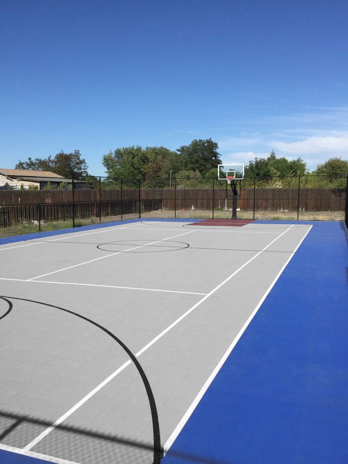 Bright blue, gray and burgundy multi-court
