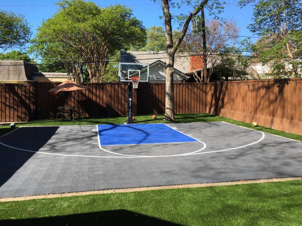 30 x 30 Gray and Bright Blue backyard basketball court