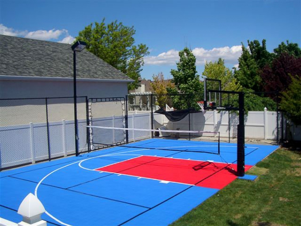 Bright blue and red backyard half multi-court