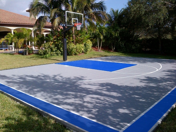 Backyard half basketball court in bright blue and gray