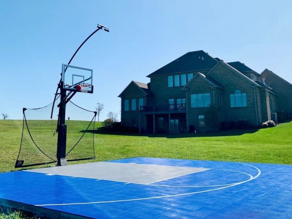 Bright blue and gray basketball court