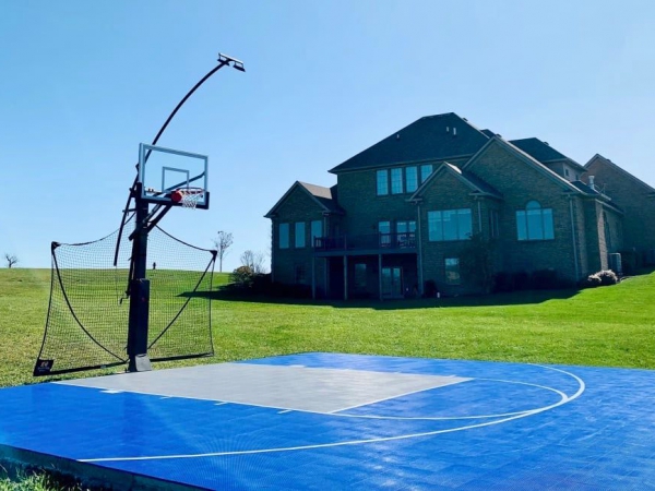 Bright blue and gray basketball court