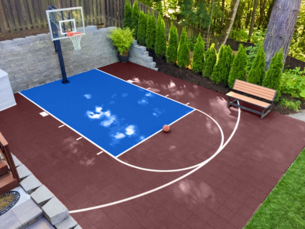 Burgundy and bright blue 20 x 25 basketball court