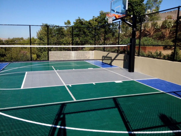 Evergreen, gray, and bright blue multi-court