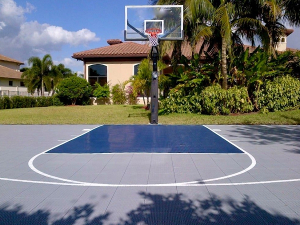 Gray and dark blue backyard court with palm trees