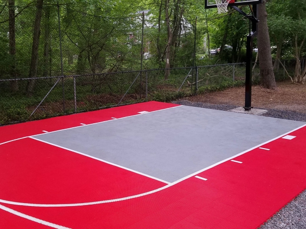 Bright red and gray basketball small half court